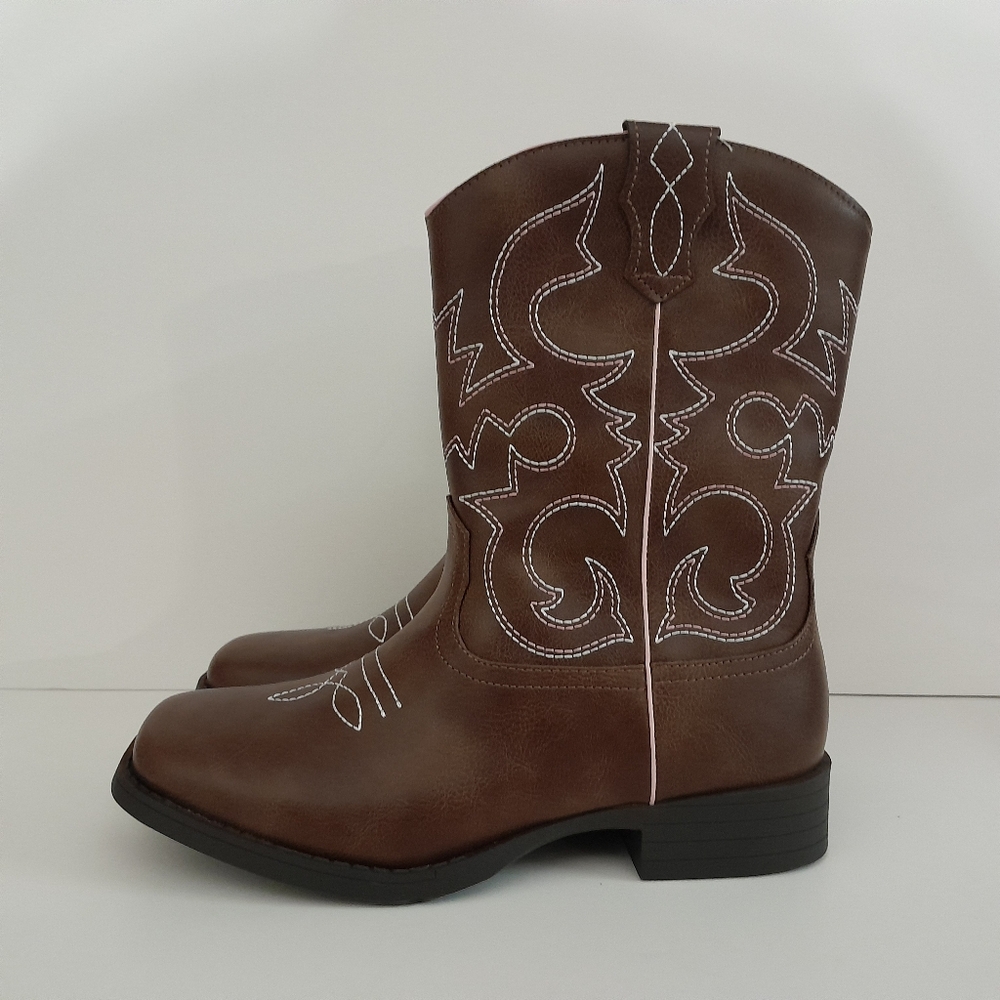 Western Boots Big Girls Size 5 Brown Pink Embroidered Square Toe Wonder Nation